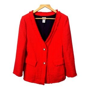 The Look Tweed Blazer Jacket Orange Pearl Rhinestone‎ Buttons Women Size Large